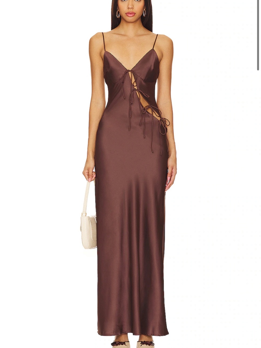 Lioness Brown Satin Maxi Slip Dress with Side Tie Cutouts